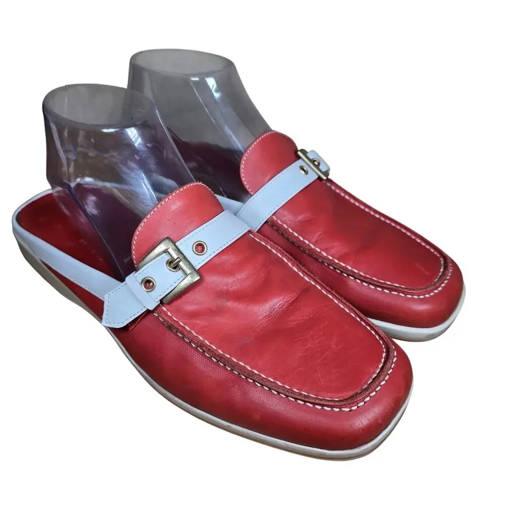 Adrienne Vittadini Mule Slide Slip On Leather Buckle 8.5 Orange White Preppy
